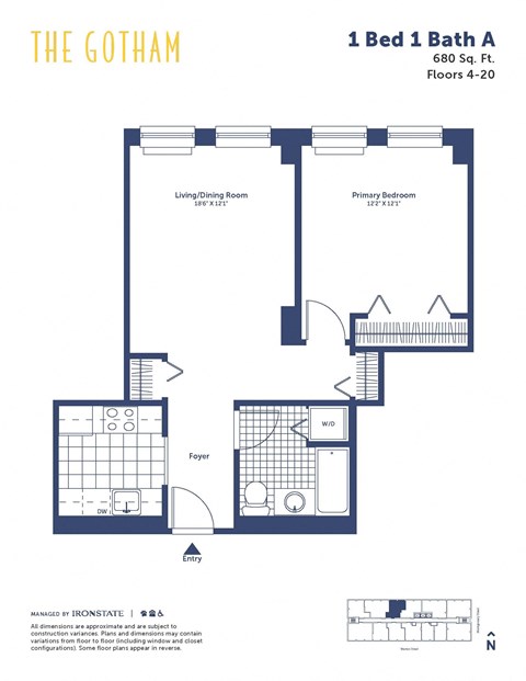 Floor plan for 1 bed, 1 bath, 680 sqft